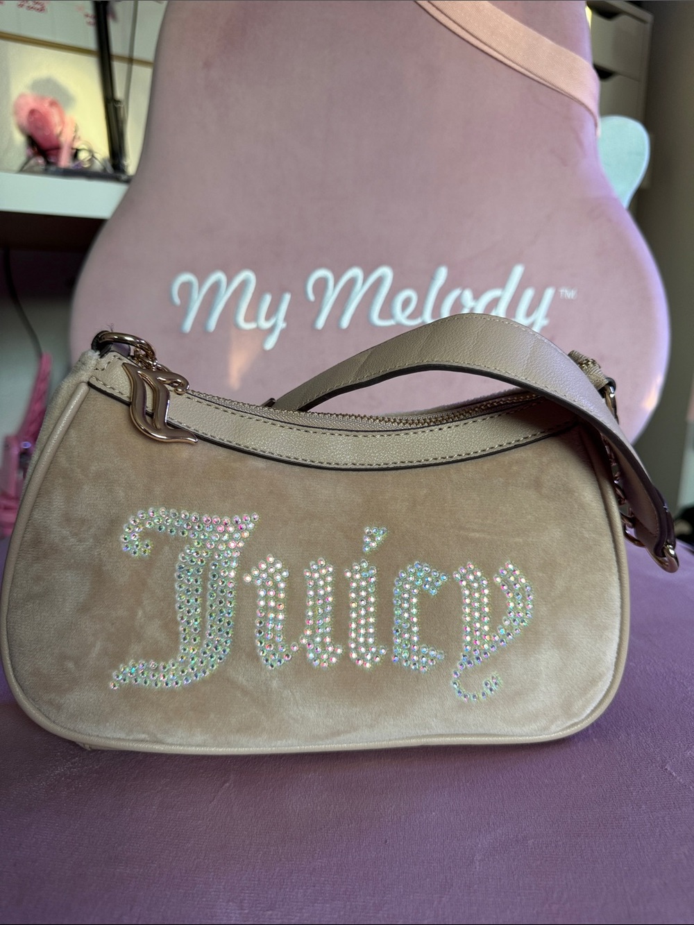 Juicy Couture Beige Mini Shoulder Bag with Rhinestone Logo